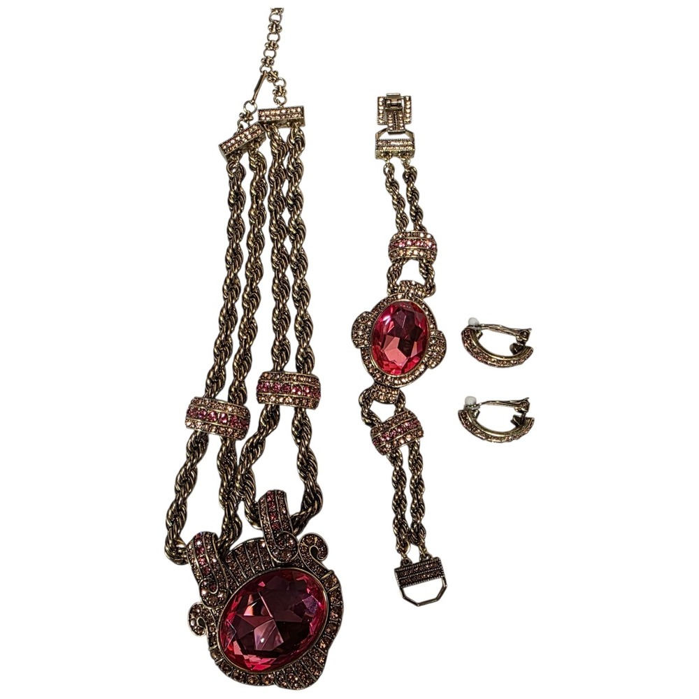 Heidi Daus Chain Of Events Pink Crystal Set Necklace Bracelet CLIP-ON Earrings - Picture 9 of 10
